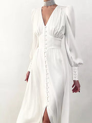 Elegant V-neck Puff Sleeve Button-down Midi Dress in White, side view