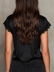 Black lace trim tie-front blouse with short sleeves and a satin finish.