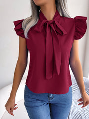 Burgundy ruffled sleeve pussybow blouse with tie neck detail