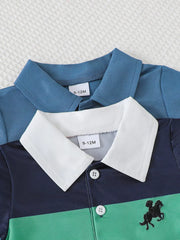Color block polo romper for baby with navy, green, and blue stripes and horse embroidery.