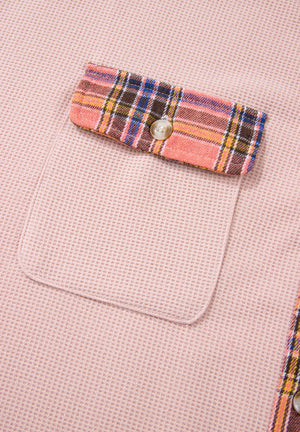 Blush pink waffle knit shacket with plaid trim pocket detail and button.