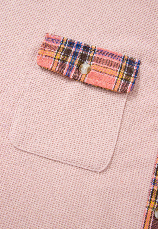 Blush pink waffle knit shacket with plaid trim pocket detail and button.