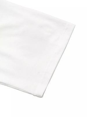 White half-sleeve tee with lace detail on the hem.