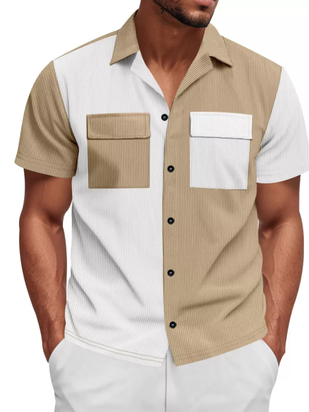 Men's two-tone tan and white textured short sleeve button-down shirt with dual chest pockets.