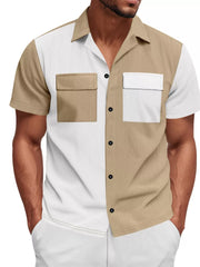 Men's two-tone tan and white textured short sleeve button-down shirt with dual chest pockets.