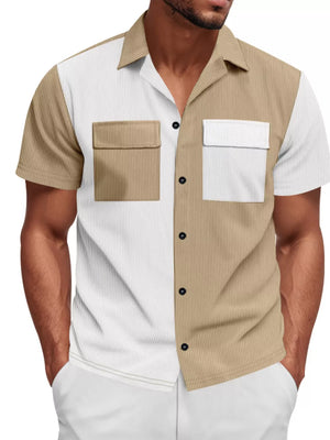 Men's two-tone tan and white textured short sleeve button-down shirt with dual chest pockets.