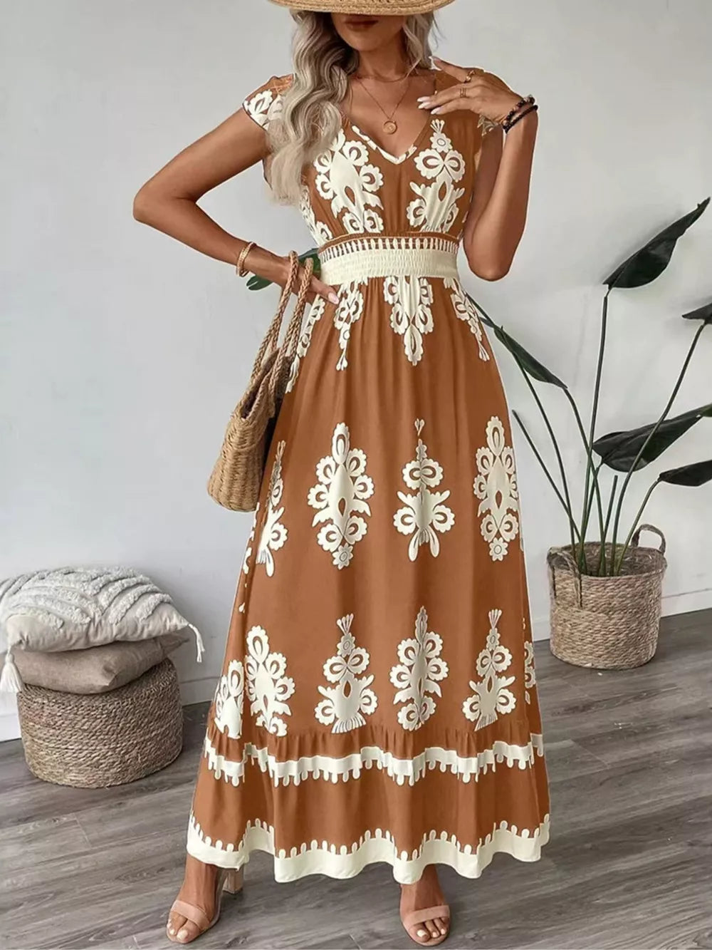 Ruffled Printed V-neck Maxi Dress in Dark Navy, alternate angle