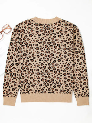 Savanna Spot Long Sleeve Knit Top in beige with animal print, crew neck, and ribbed cuffs and hem.