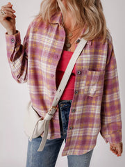 Oversized pink plaid shacket with pocket, button-down front, and classic collar.