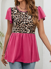 Leopard panel peplum top with flutter sleeves in hot pink.