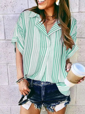 Maternity shirt with half sleeves, collared neckline, and green stripe pattern.