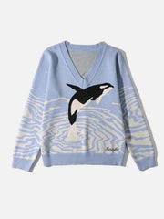 Misty Blue Orca Motif Knit V-Neck Sweater with water pattern, acrylic blend.