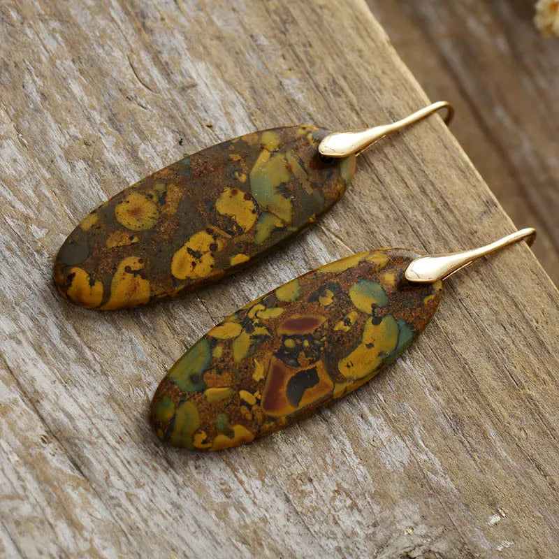 Verdant Stone Elongated Drop Earrings in gold with unique natural stone pattern.