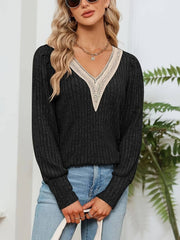 Black ribbed knit v-neck sweater with lace trim detail