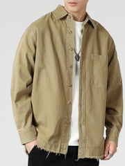 Oversized khaki button-up long-sleeve overshirt with frayed hem and chest pocket.
