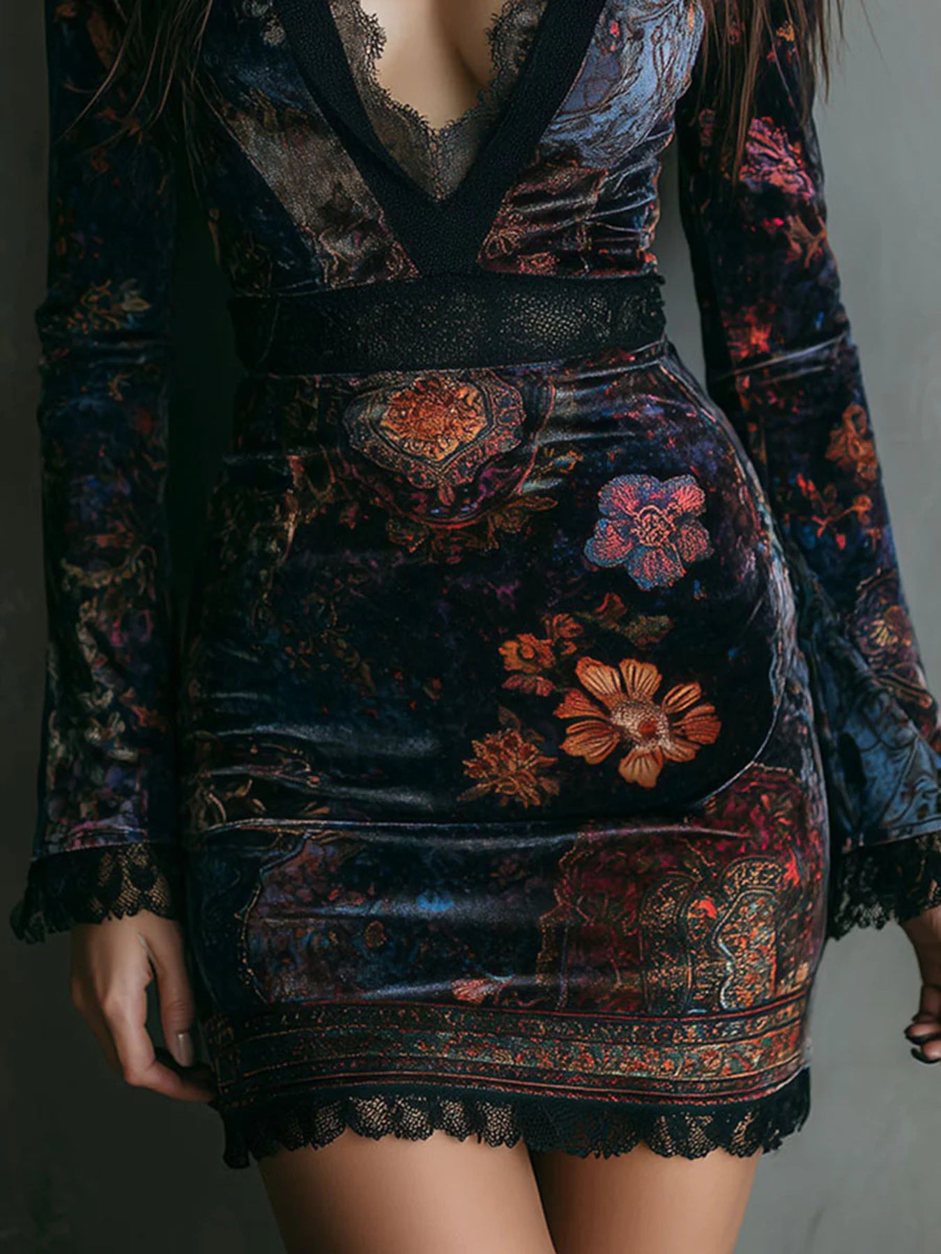 Velvet mini dress with lace trim and a floral print, featuring a V-neck and long sleeves.
