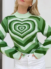 Light green mock neck sweater with heart stripe pattern and long sleeves