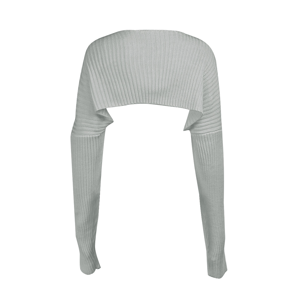 Light gray ribbed knit sleeve shrug with long sleeves and a cropped bolero style.