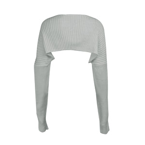 Light gray ribbed knit sleeve shrug with long sleeves and a cropped bolero style.