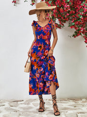 Blue abstract print tiered maxi dress with tie straps and v-neck