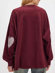 Heart Patch Long Sleeve Sweatshirt in Burgundy, fabric detail
