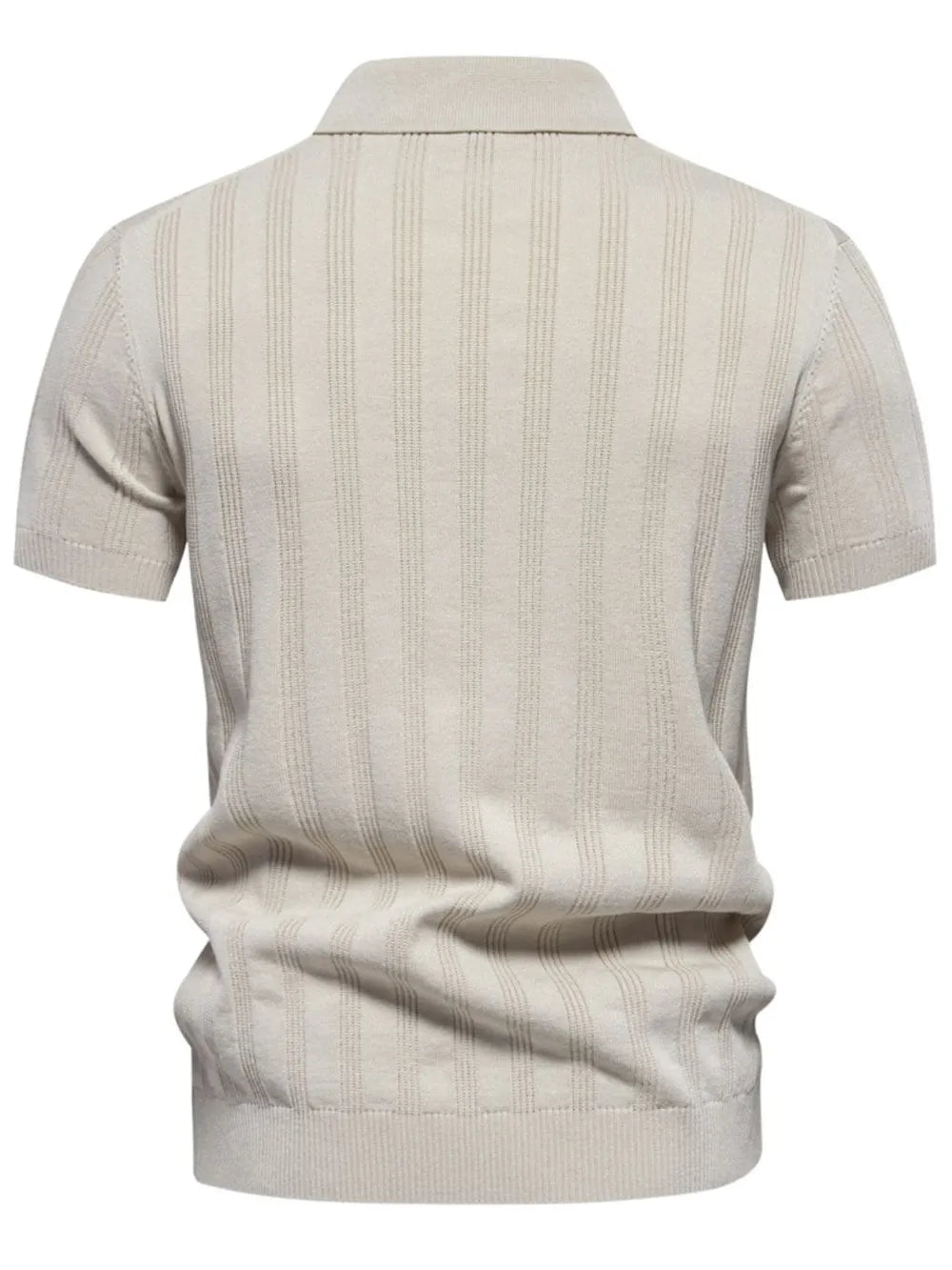 Beige ribbed knit polo shirt with vertical texture detail and short sleeves.