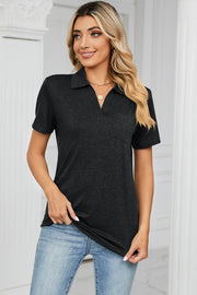 Dark Gray V-neck polo tee with short sleeves and a chest pocket.
