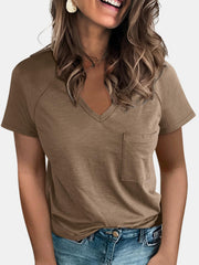 Mocha v-neck t-shirt with short raglan sleeves and a chest pocket.