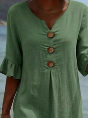 Full Size Casual Button Midi Dress With Ruffle Sleeves in Yellow, editorial view