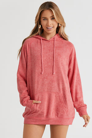 Coral textured raglan sleeve hoodie with drawstring and front pocket.