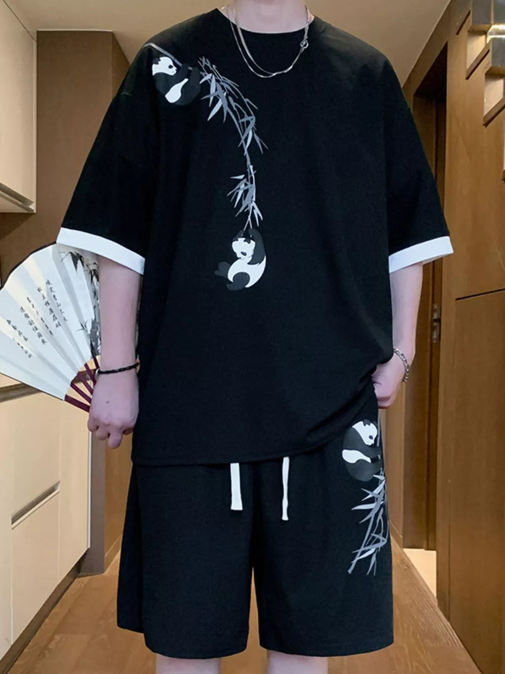 Men's Full Size Panda Bamboo Print Tee And Shorts Set in White, close-up detail
