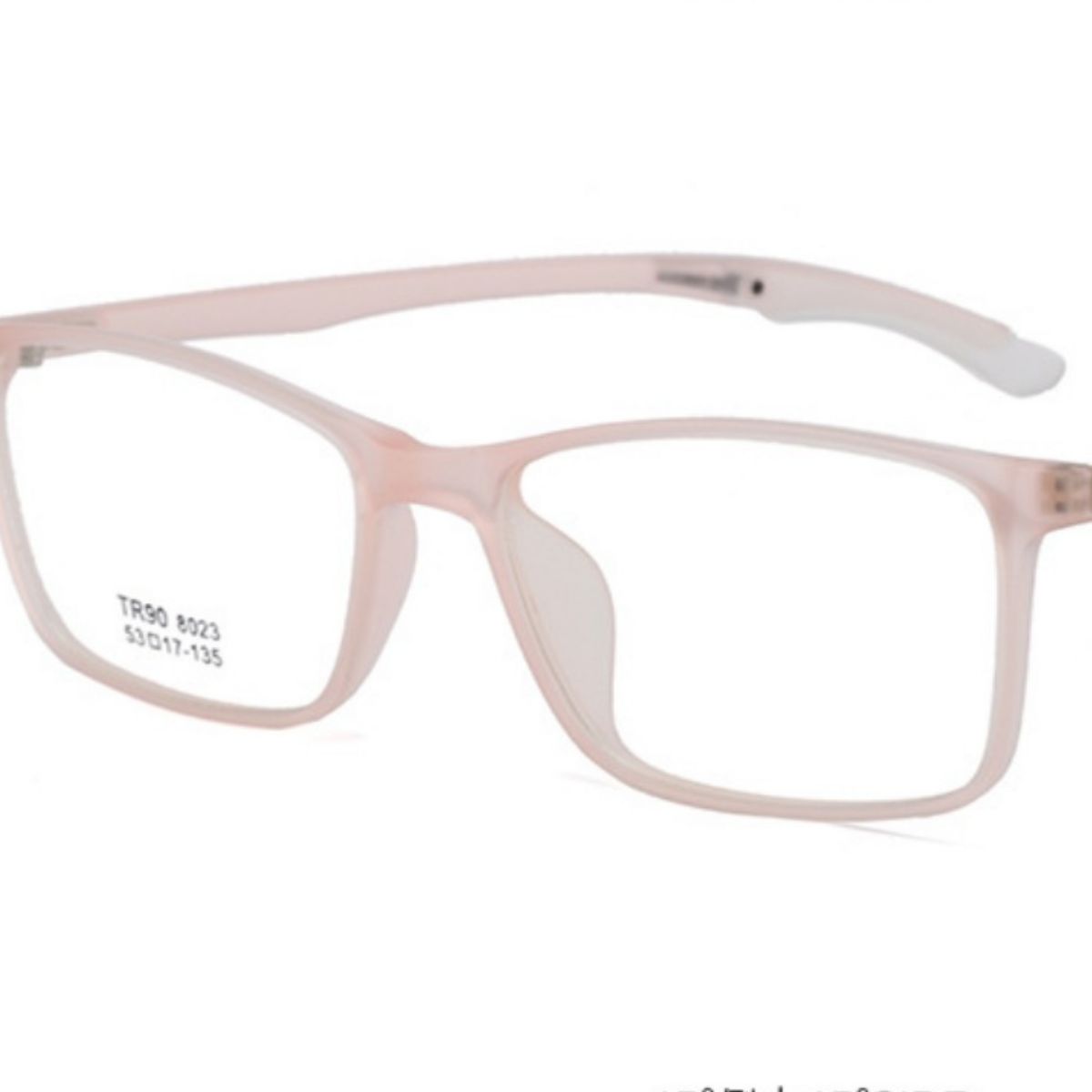 Blush pink square optical glasses with a matte finish and clear lenses.