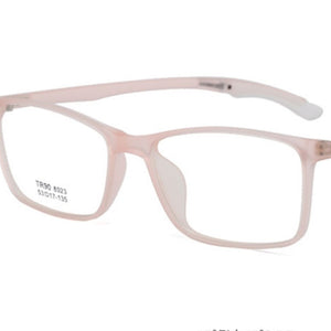 Blush pink square optical glasses with a matte finish and clear lenses.