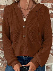 Waffle Knit Hooded Top With Drawstring in Beige, fabric detail