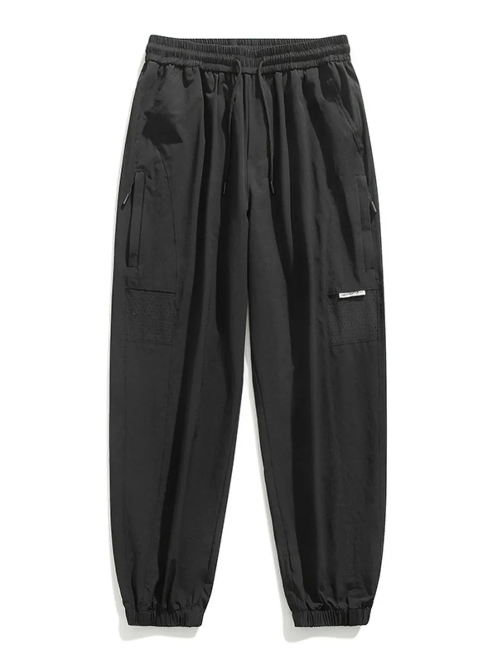 Black jogger sweatpants with drawstring, elastic cuffs, and cargo pockets.