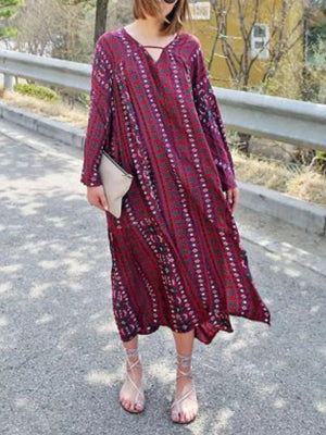 Bohemian Print Midi Dress With Side Slits in Red, close-up detail