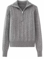 Dark Gray cable knit quarter-zip pullover sweater with a ribbed collar and cuffs.