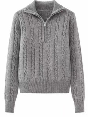 Dark Gray cable knit quarter-zip pullover sweater with a ribbed collar and cuffs.