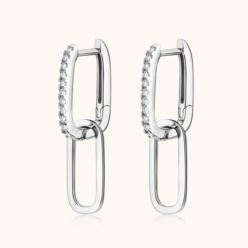 Silver geometric moissanite drop earrings with link chain detail