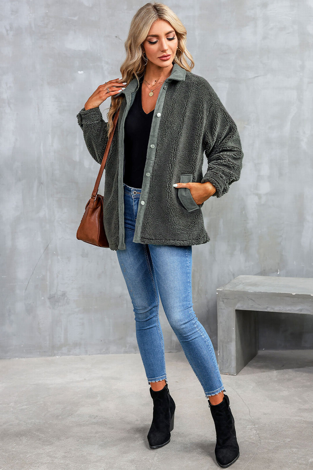 Textured teddy jacket in charcoal with corduroy trim and button closure.