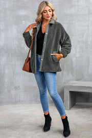Textured teddy jacket in charcoal with corduroy trim and button closure.