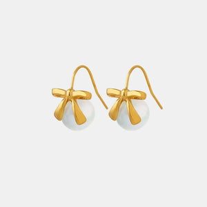 Gold pearl bow drop earrings with 18K gold plating
