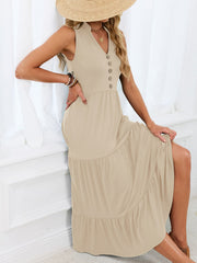 Apricot tiered midi dress with V-neck and decorative buttons