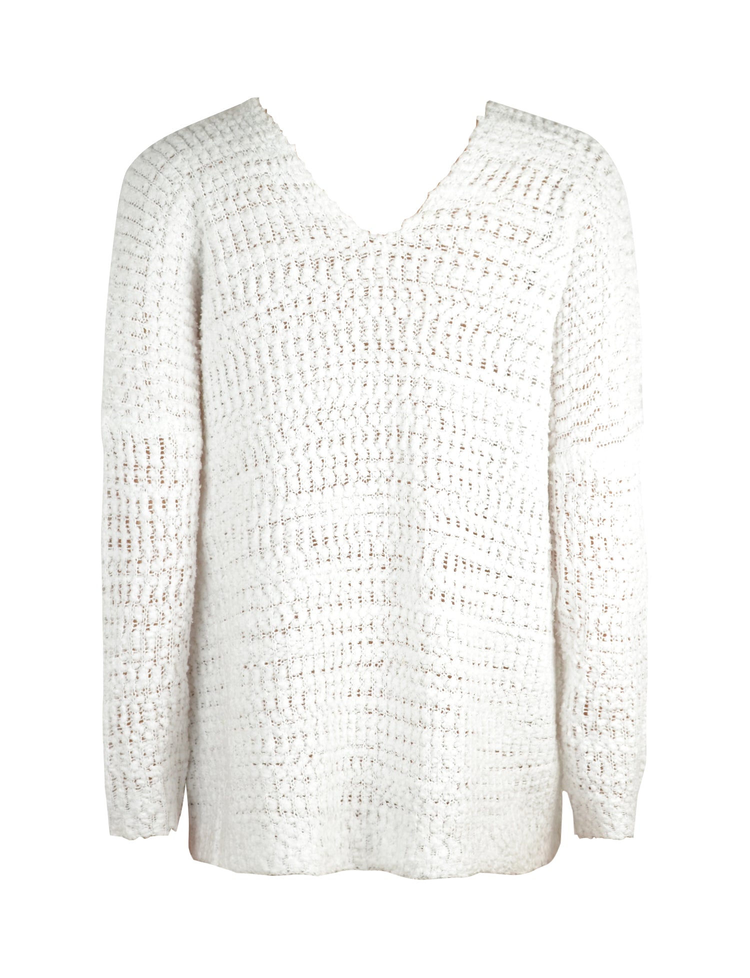 White asymmetric slouch knit sweater with open shoulder detail and textured stitch.