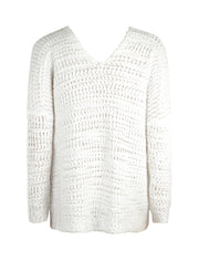 White asymmetric slouch knit sweater with open shoulder detail and textured stitch.