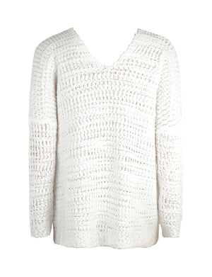 White asymmetric slouch knit sweater with open shoulder detail and textured stitch.