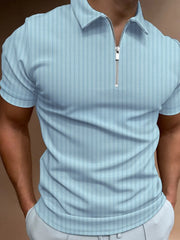 Textured zip-neck polo shirt in pastel blue with vertical ribbed detail and short sleeves.