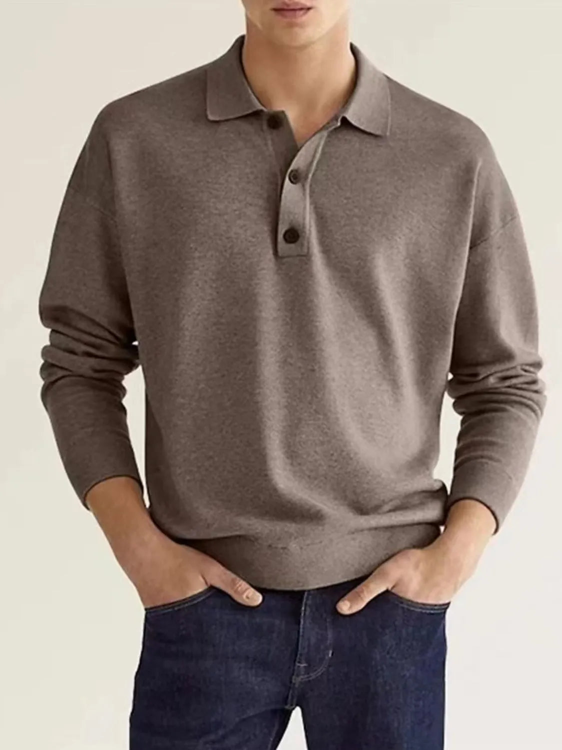 Relaxed knit polo shirt in mocha with button placket and long sleeves.