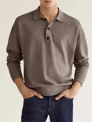 Relaxed knit polo shirt in mocha with button placket and long sleeves.
