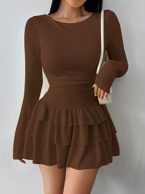 Ruched Long Sleeve Layered Ruffle Mini Dress in Red, fit detail